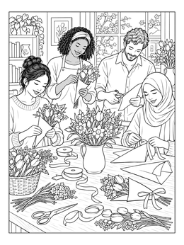 Friends wrap bouquets at a craft table in this spring may coloring page.