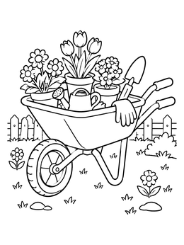 A garden wheelbarrow filled with potted flowers on this May coloring page.