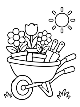 Free printable Garden Wheelbarrow With Spring Flowers coloring page