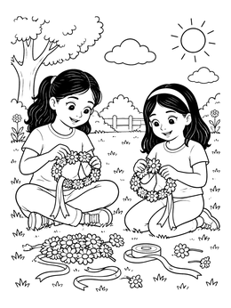 Two girls make floral wreaths outdoors in this sunny may coloring page.