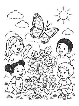 Kids admire a butterfly on this sunny May coloring page.