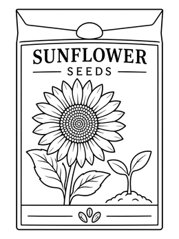A sunflower seed packet featured in a may coloring page.