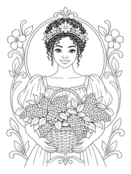 A woman holding a basket of lilacs in this may coloring page portrait.