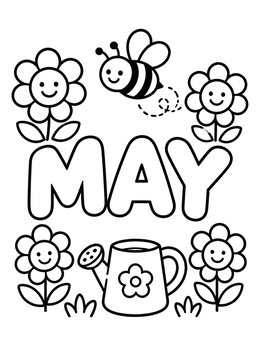 Free printable May Word With Flowers And Bee coloring page