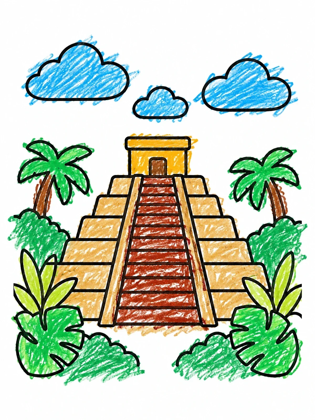 Colored example of the Ancient Step Pyramid In The Jungle coloring page
