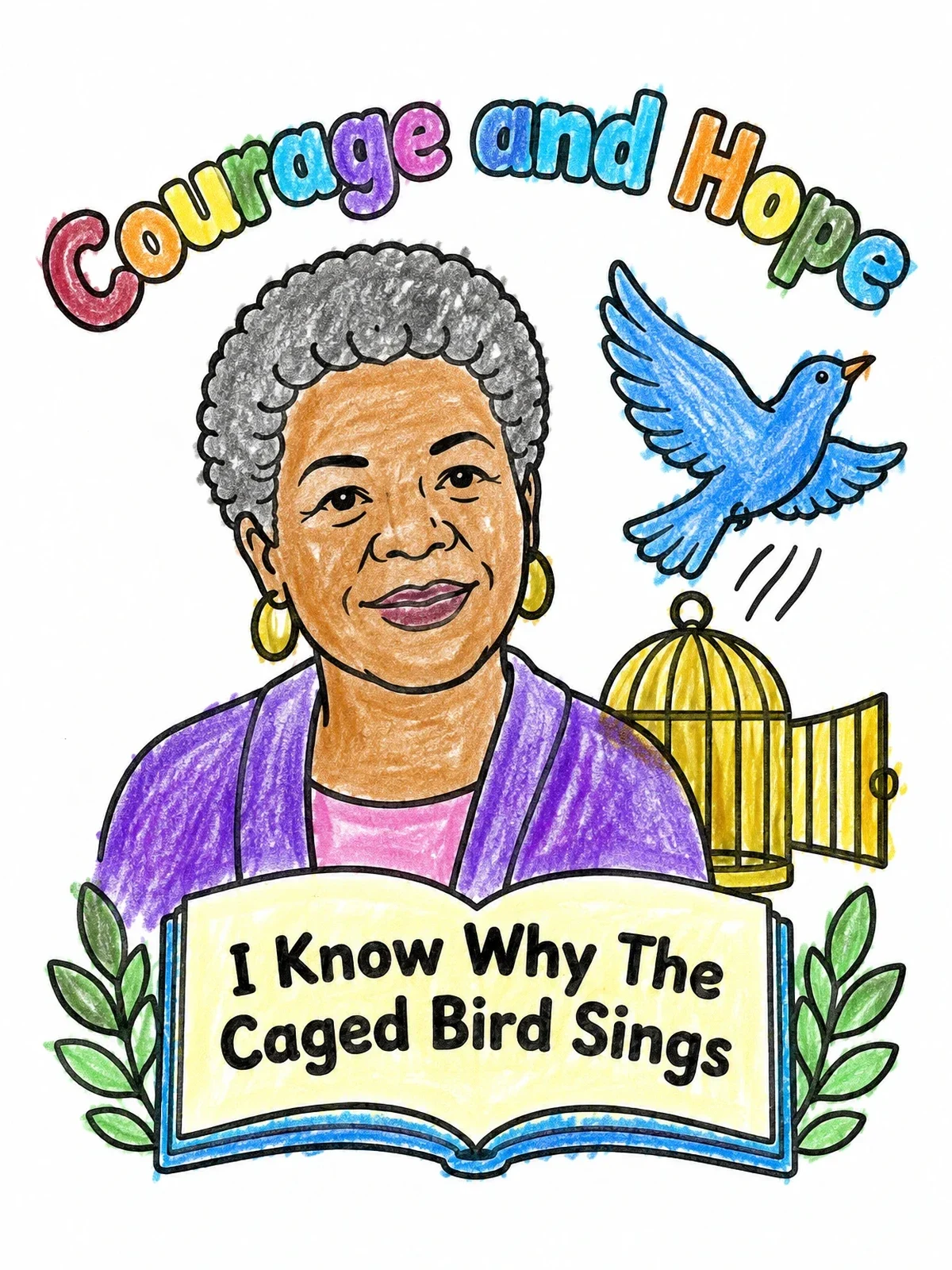 Colored example of the Maya Angelou Courage And Hope coloring page