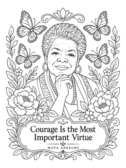 Portrait in this Maya Angelou coloring page surrounded by butterflies, flowers, and an inspiring quote.