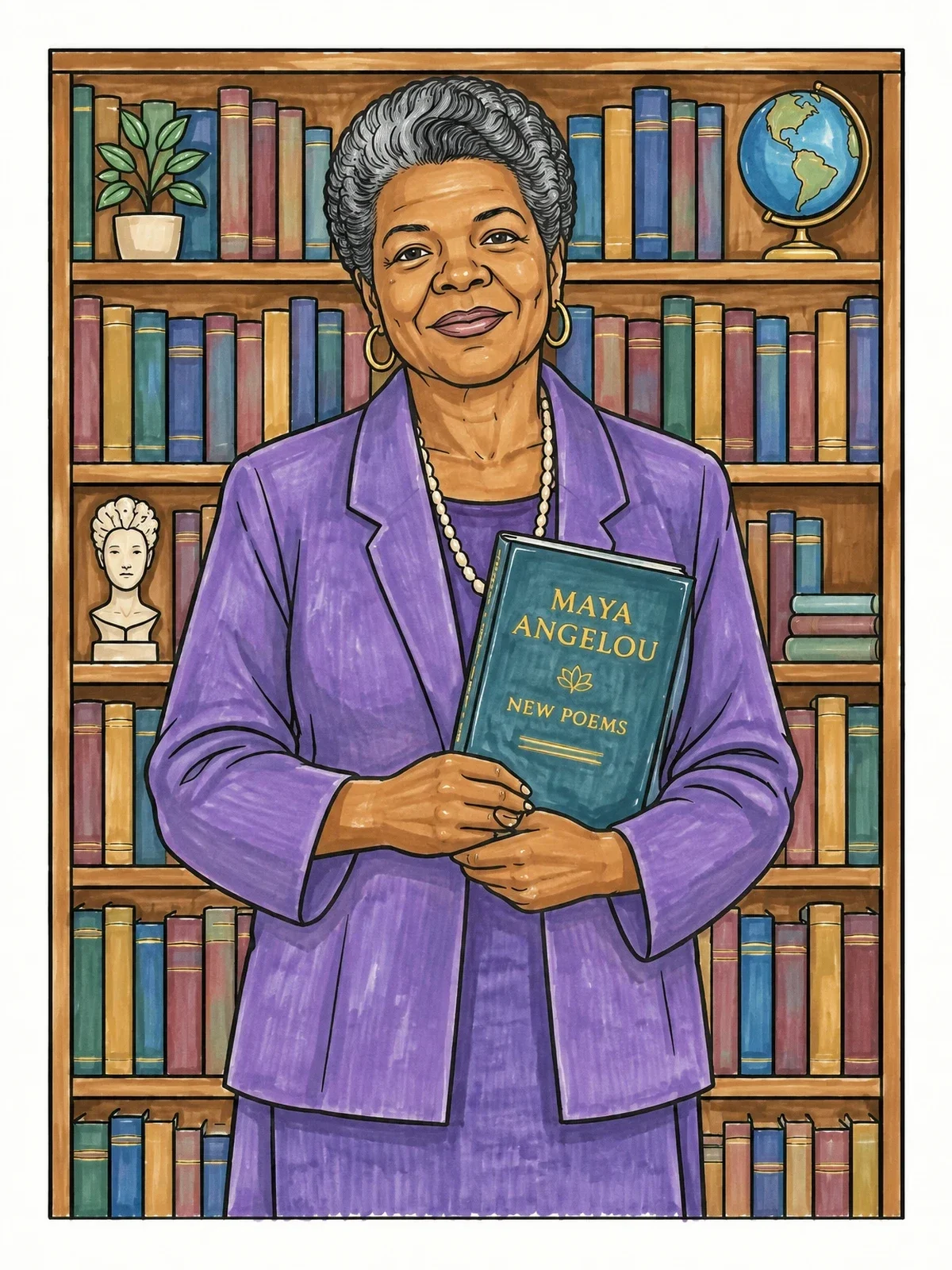 Colored example of the Maya Angelou With Poetry Book In Library coloring page