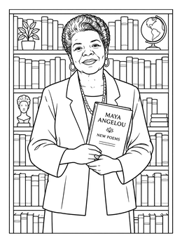 Portrait in this Maya Angelou coloring page showing the smiling author in front of full library bookshelves.