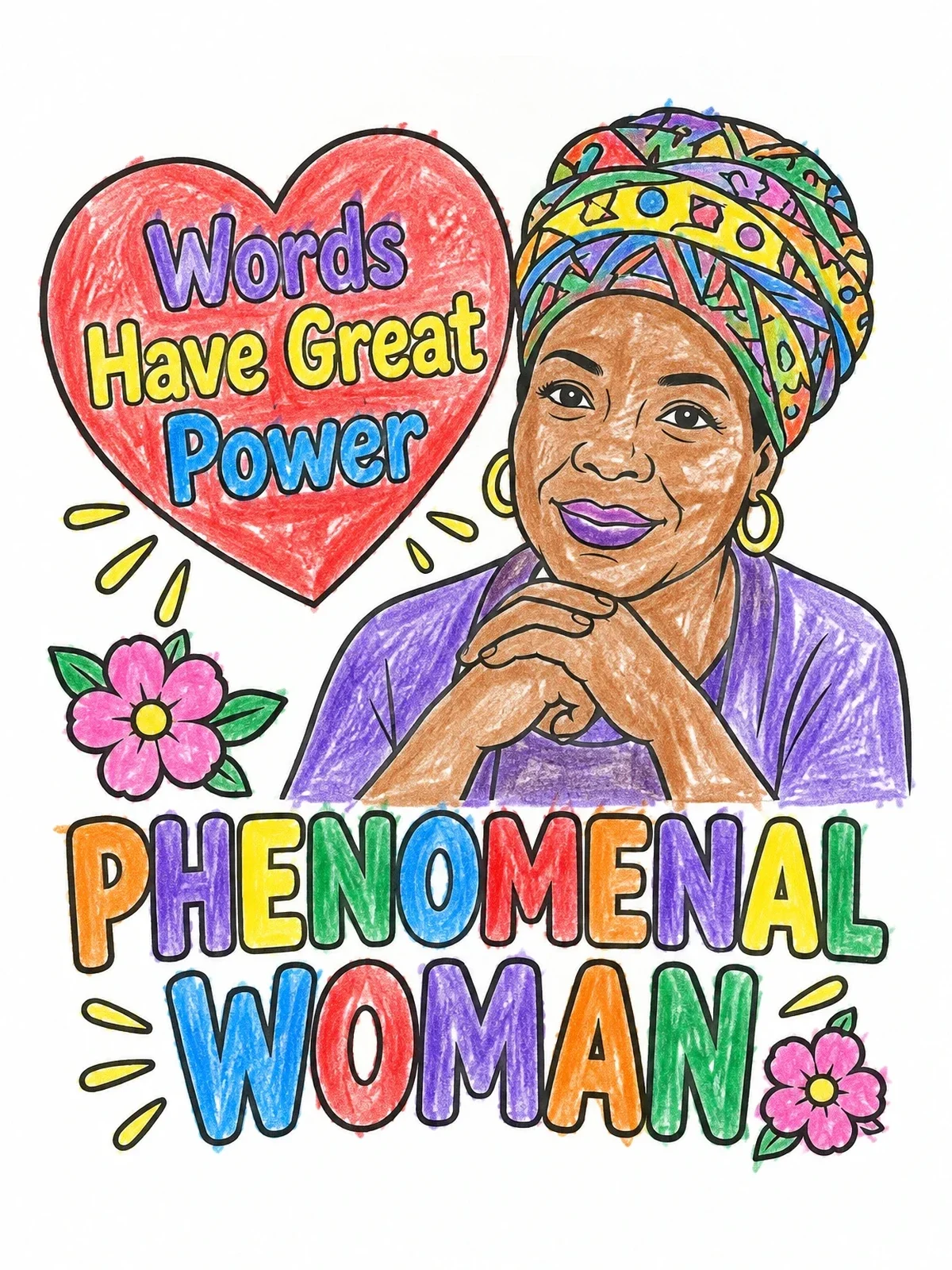 Colored example of the Phenomenal Woman Maya Angelou Portrait coloring page