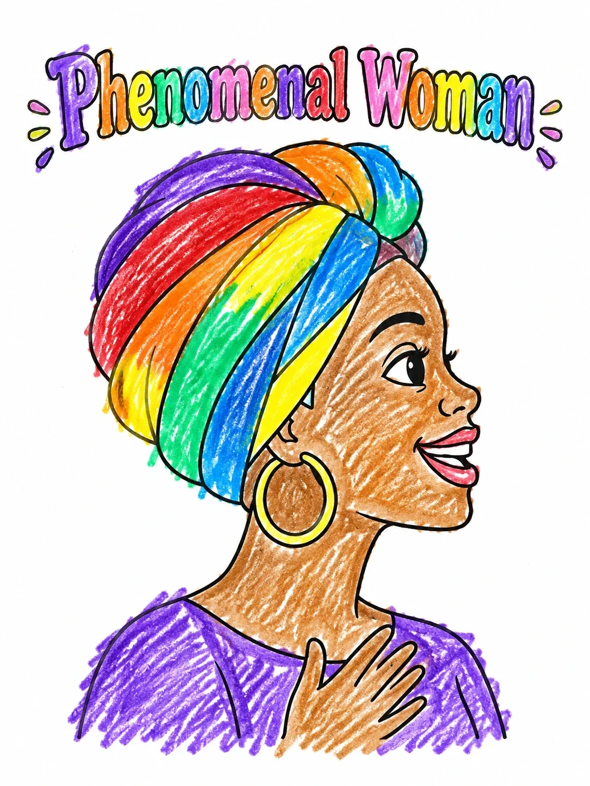 Colored example of the Phenomenal Woman Maya Angelou Profile coloring page