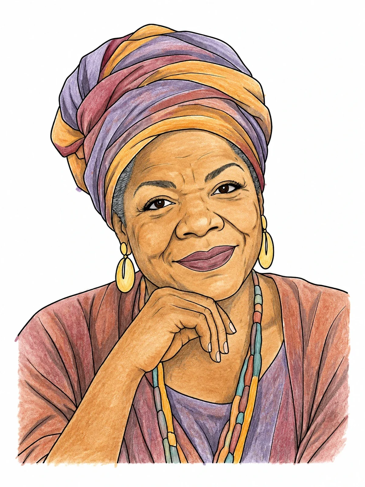 Colored example of the Maya Angelou Portrait With Headwrap coloring page