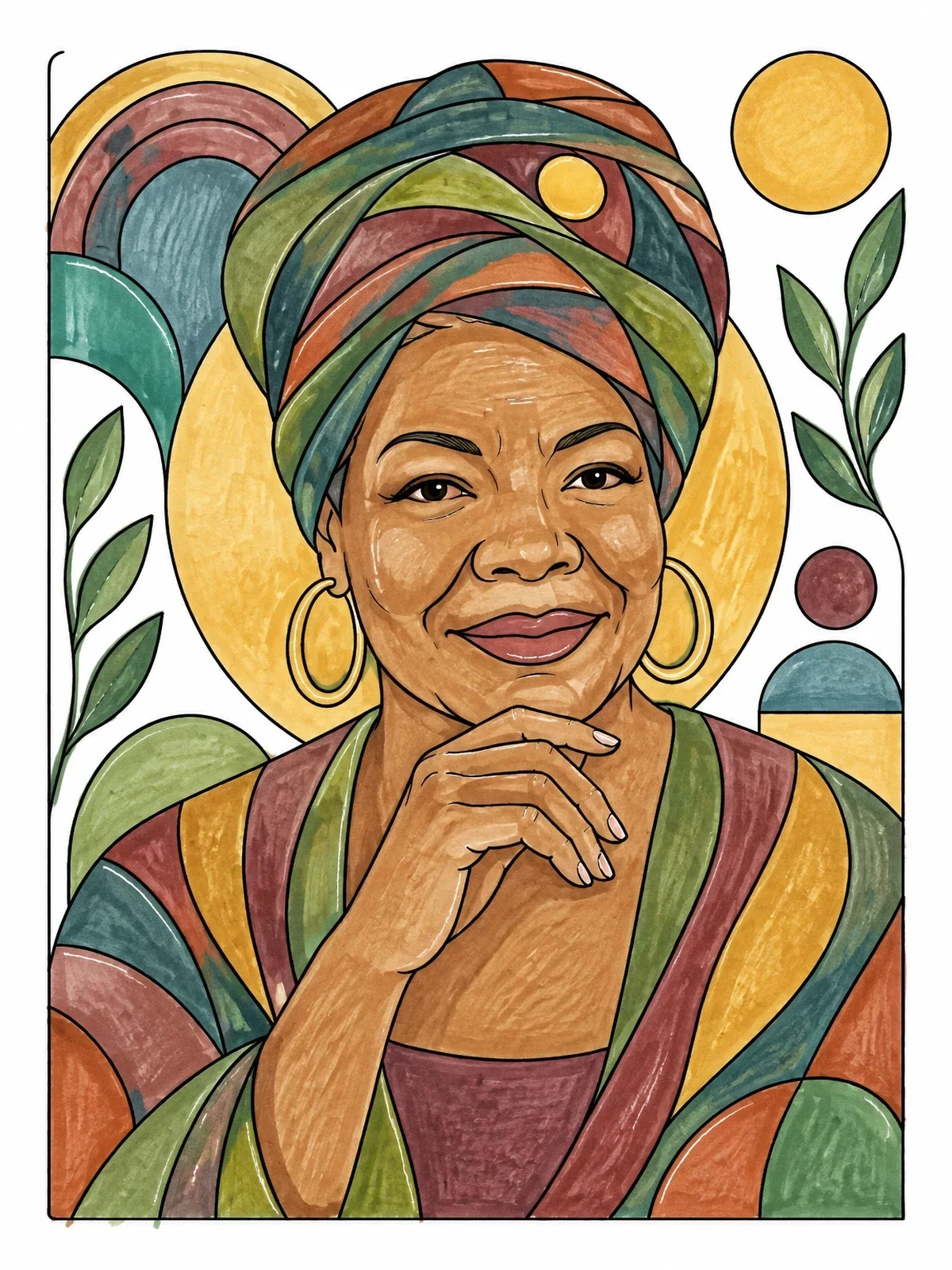 Colored example of the Maya Angelou Portrait With Headwrap coloring page