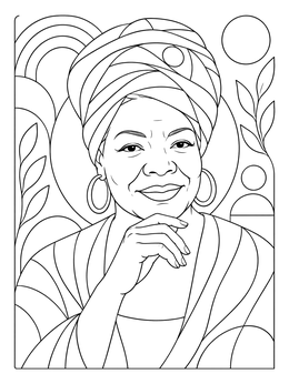 An inspiring Maya Angelou coloring page featuring her portrait in an ornate headwrap and hoop earrings.
