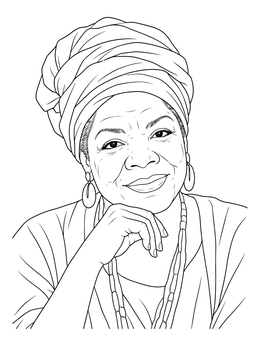 A detailed maya angelou coloring page depicting the smiling author with her hand under her chin.