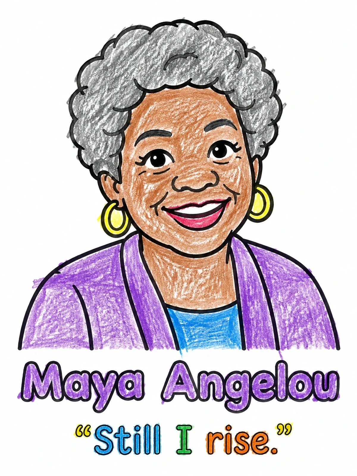 Colored example of the Smiling Maya Angelou With Quote coloring page