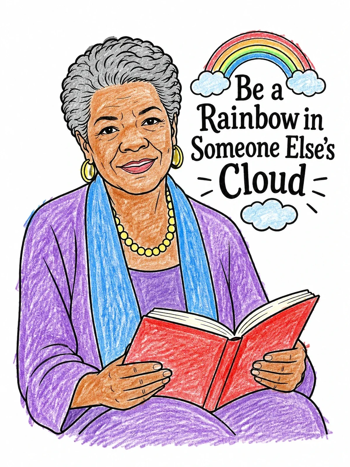 Colored example of the Maya Angelou With Book And Rainbow Quote coloring page