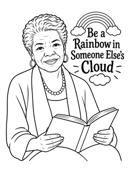 Free printable Maya Angelou With Book And Rainbow Quote coloring page