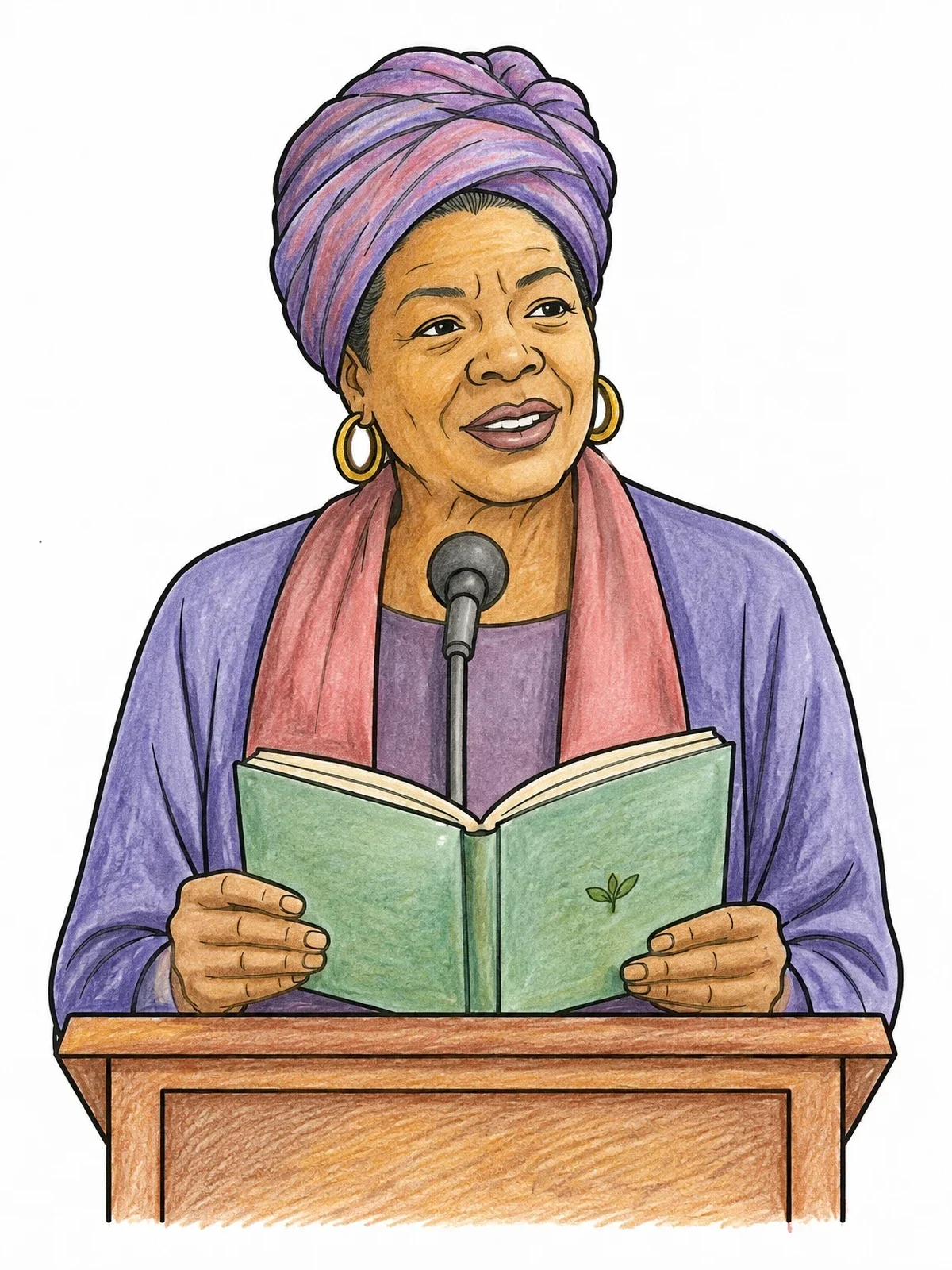 Colored example of the Maya Angelou Reading Poetry At Podium coloring page