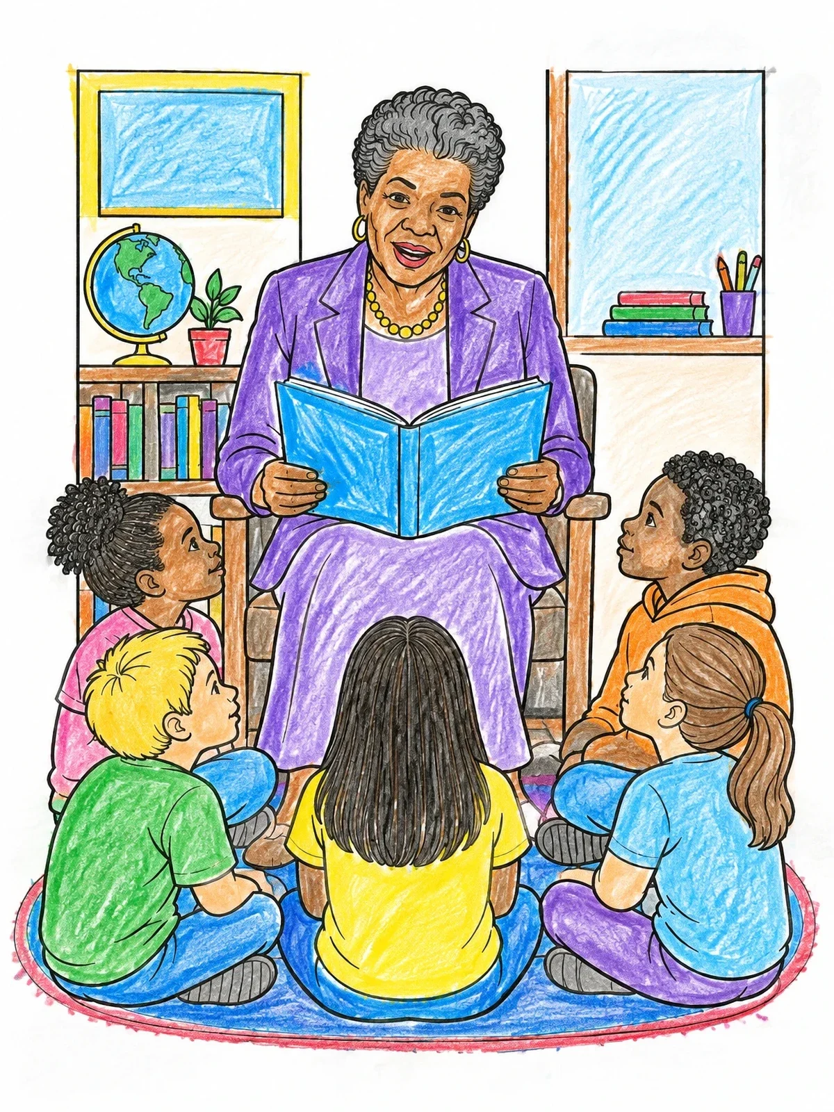 Colored example of the Maya Angelou Reading To Children coloring page