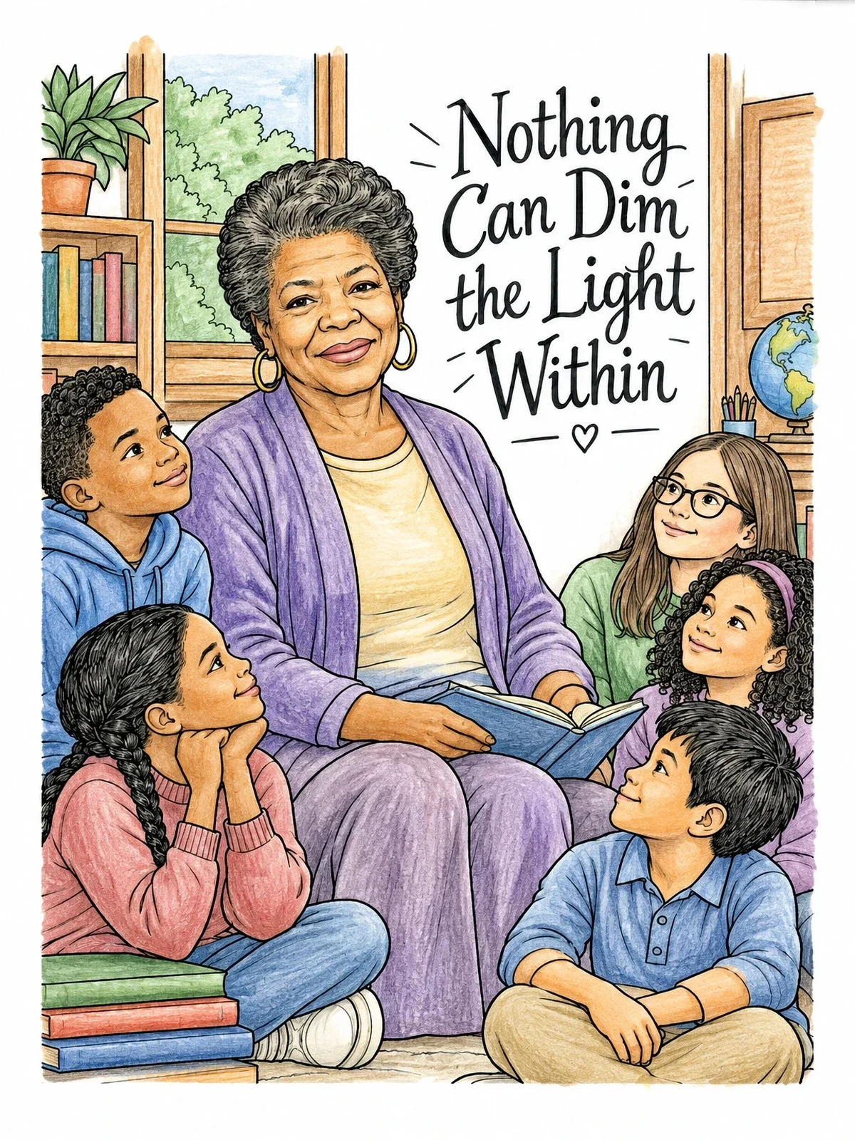 Colored example of the Maya Angelou Reading To Children coloring page