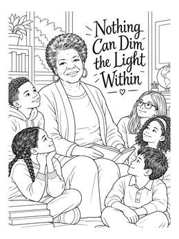 An inspiring maya angelou coloring page featuring the author reading a book surrounded by attentive children.