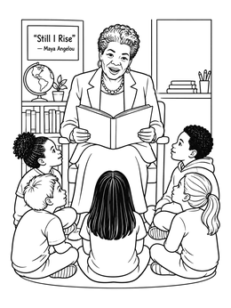 Maya Angelou reading a storybook to attentive children in this maya angelou coloring page.