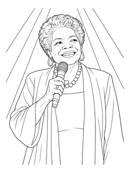A smiling Maya Angelou coloring page holding a microphone with radiating stage lights behind her.
