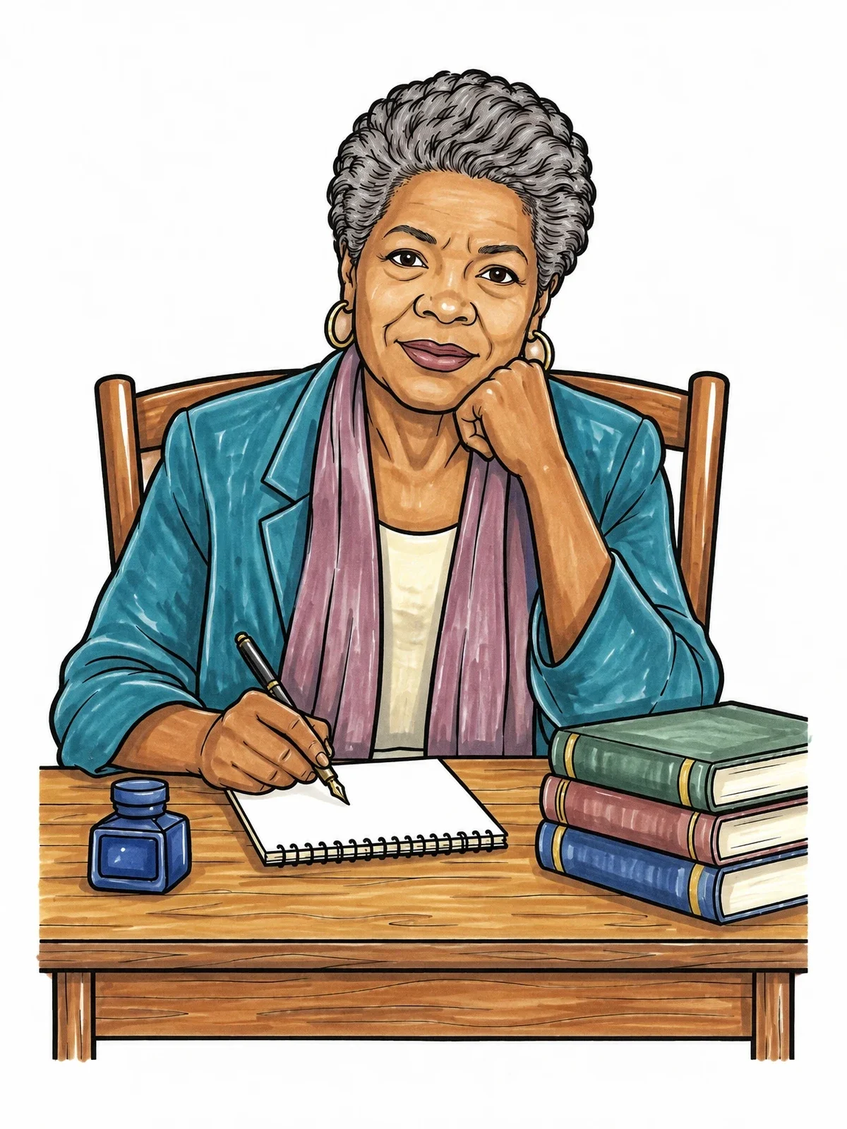 Colored example of the Maya Angelou At Her Writing Desk coloring page