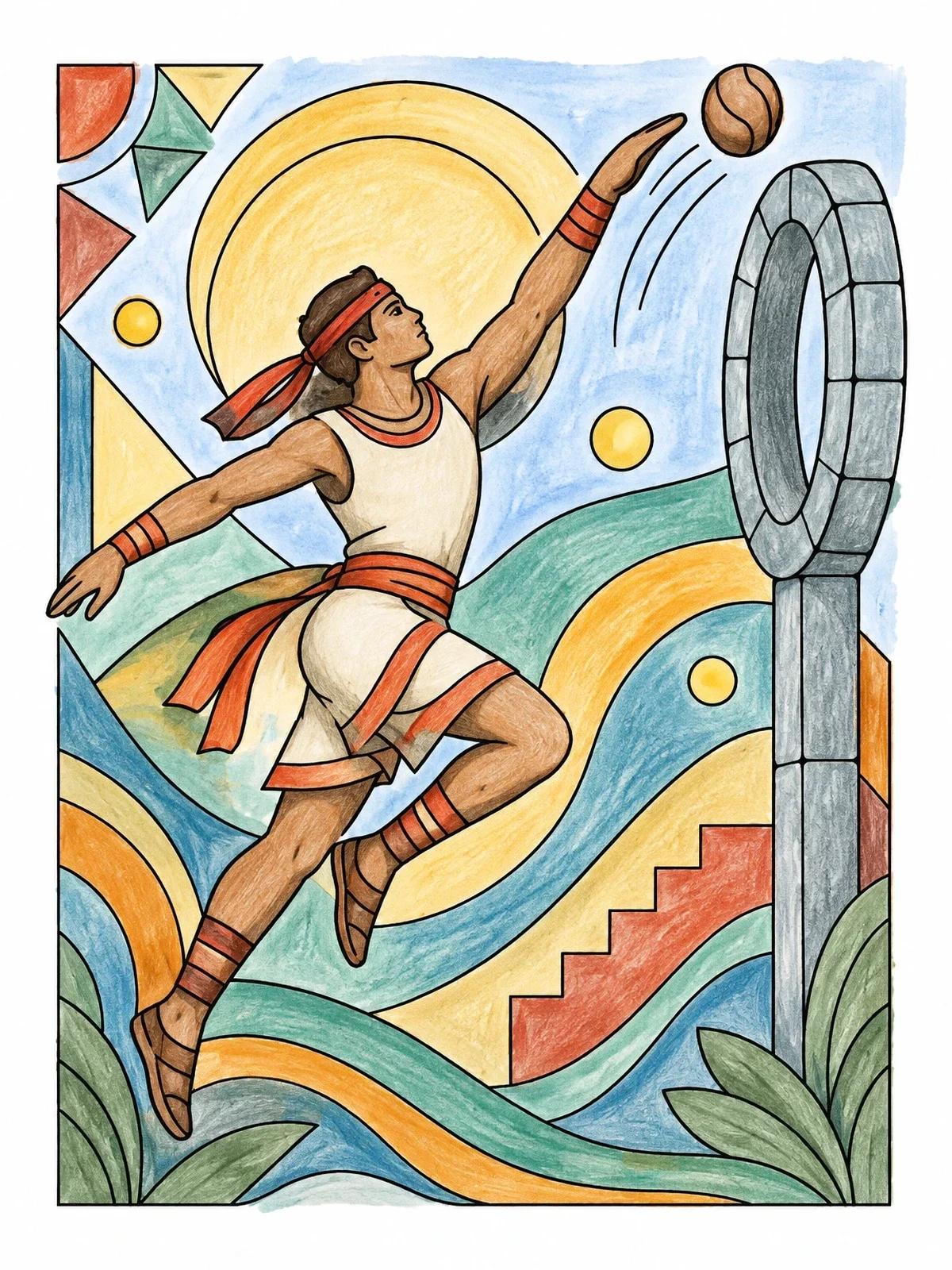 Colored example of the Maya Ballgame Player In Motion coloring page