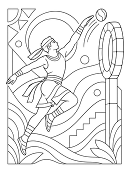 An athletic player leaps toward a stone hoop in this dynamic maya coloring page.