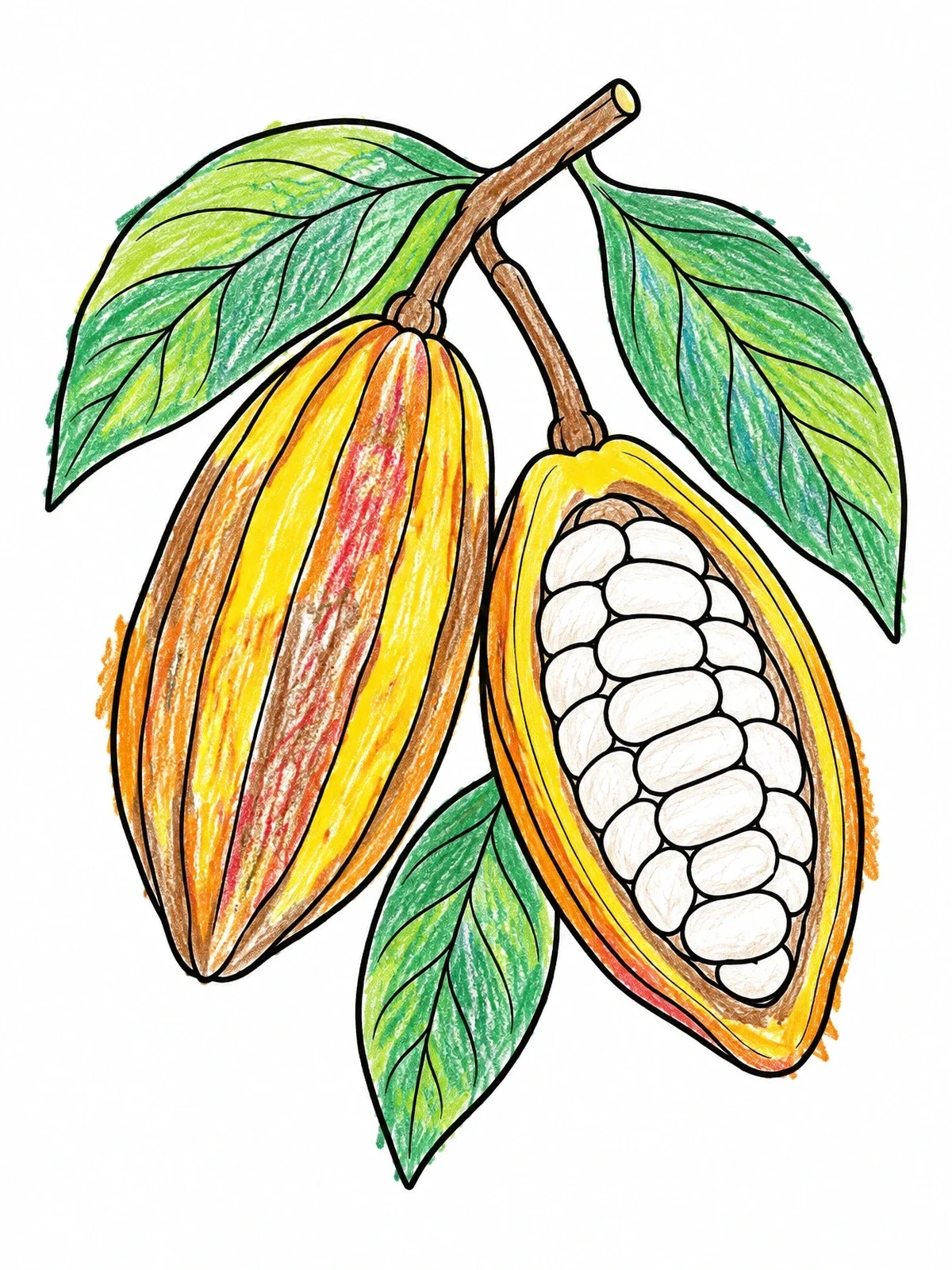 Colored example of the Sacred Cacao Pods On Branch coloring page