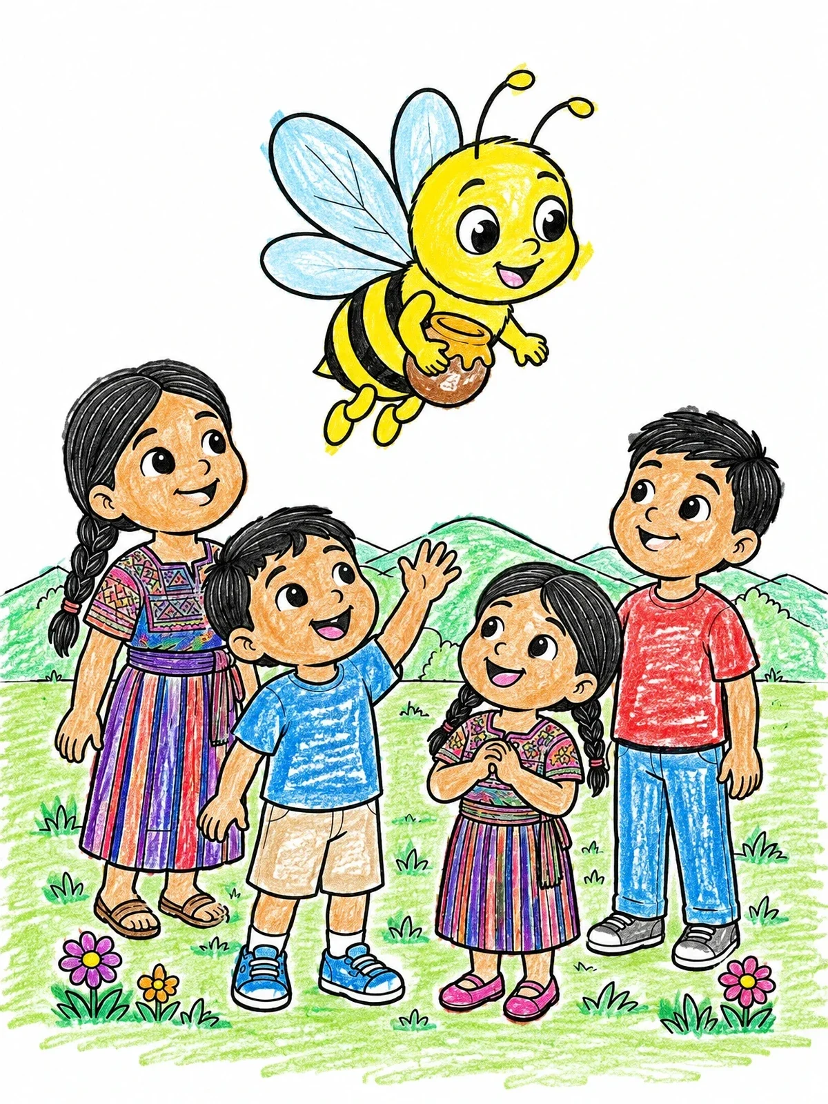Colored example of the Children Greeting A Friendly Honey Bee coloring page