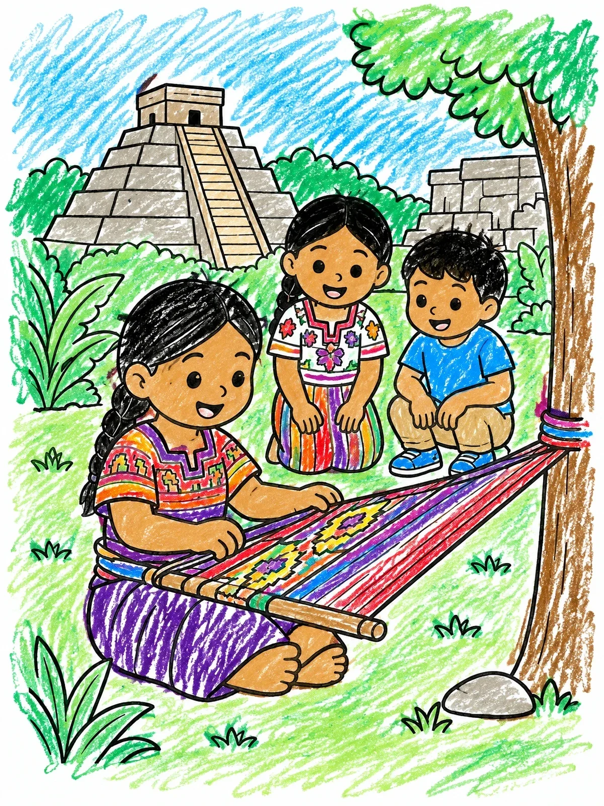 Colored example of the Maya Children Weaving Outdoors coloring page