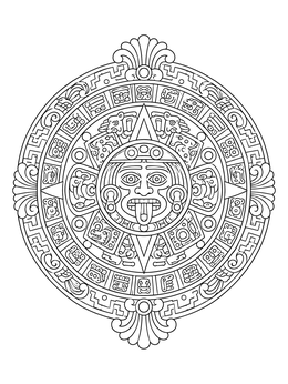 An intricate sun calendar stone mandala in this detailed maya coloring page.