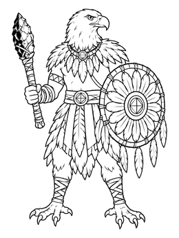 An anthropomorphic eagle warrior with a shield on this maya coloring page.