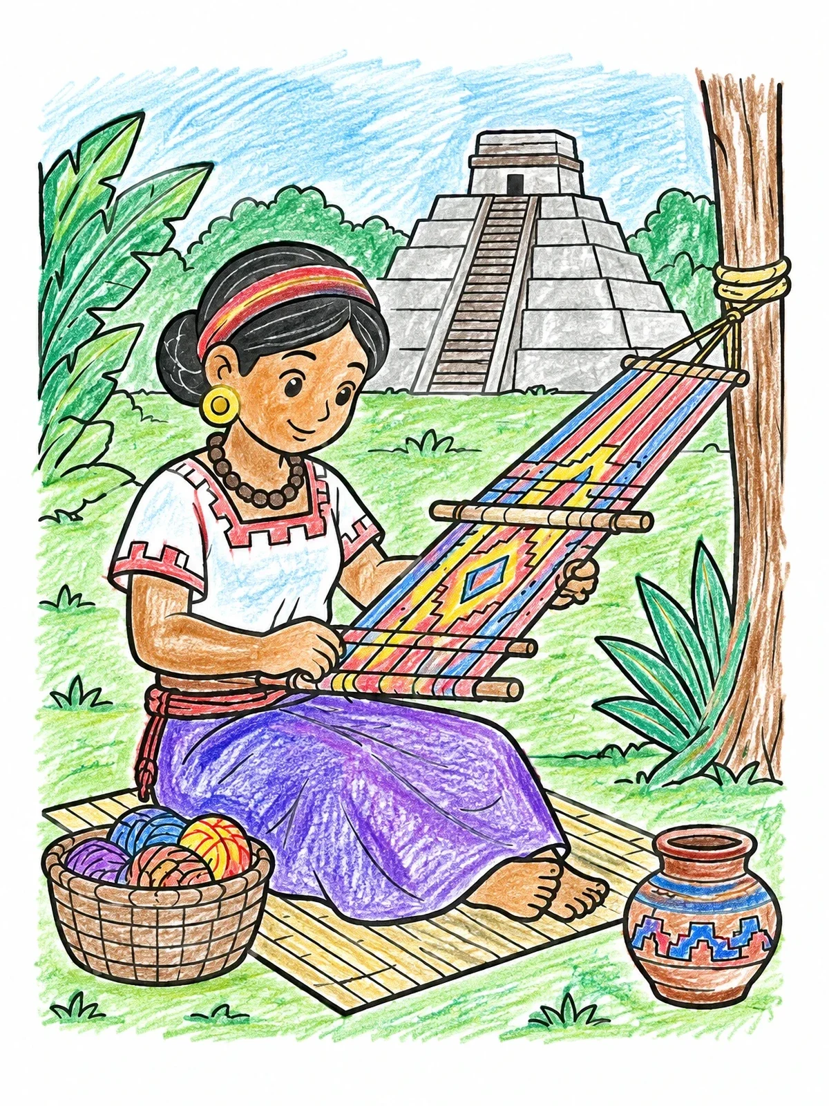 Colored example of the Maya Weaver At The Loom coloring page