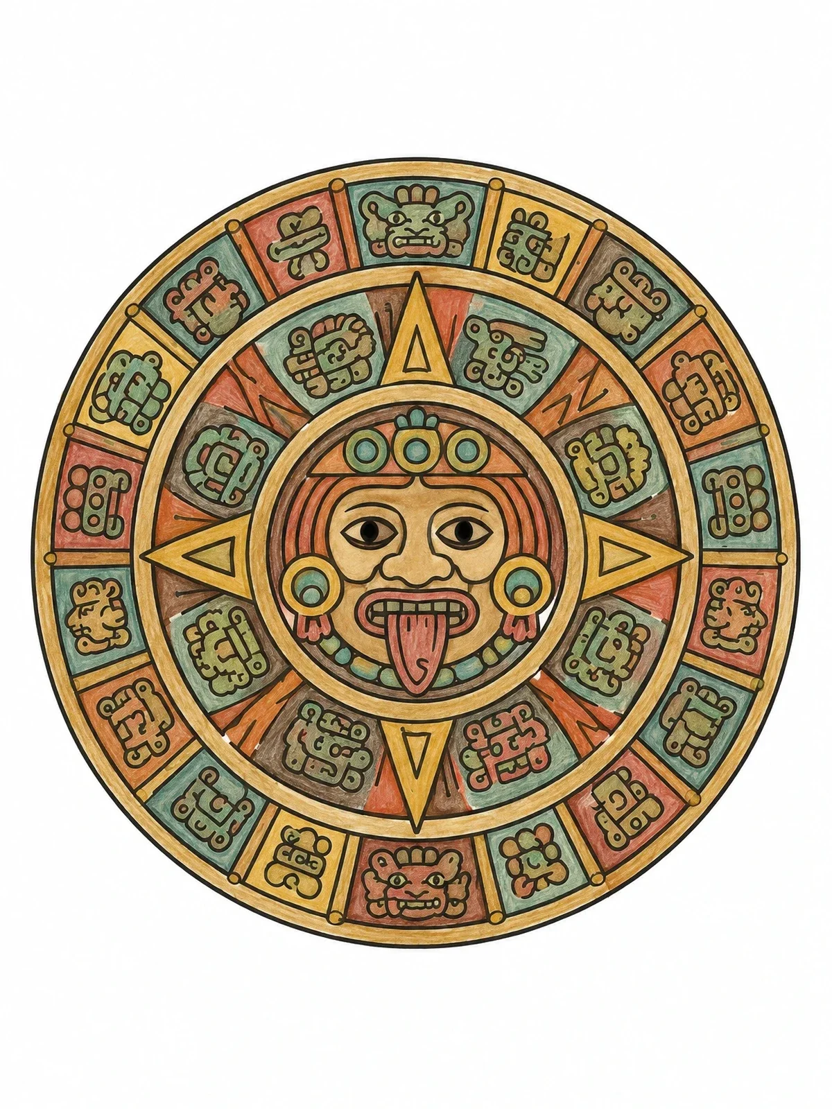 Colored example of the Intricate Mayan Sun Stone Calendar coloring page