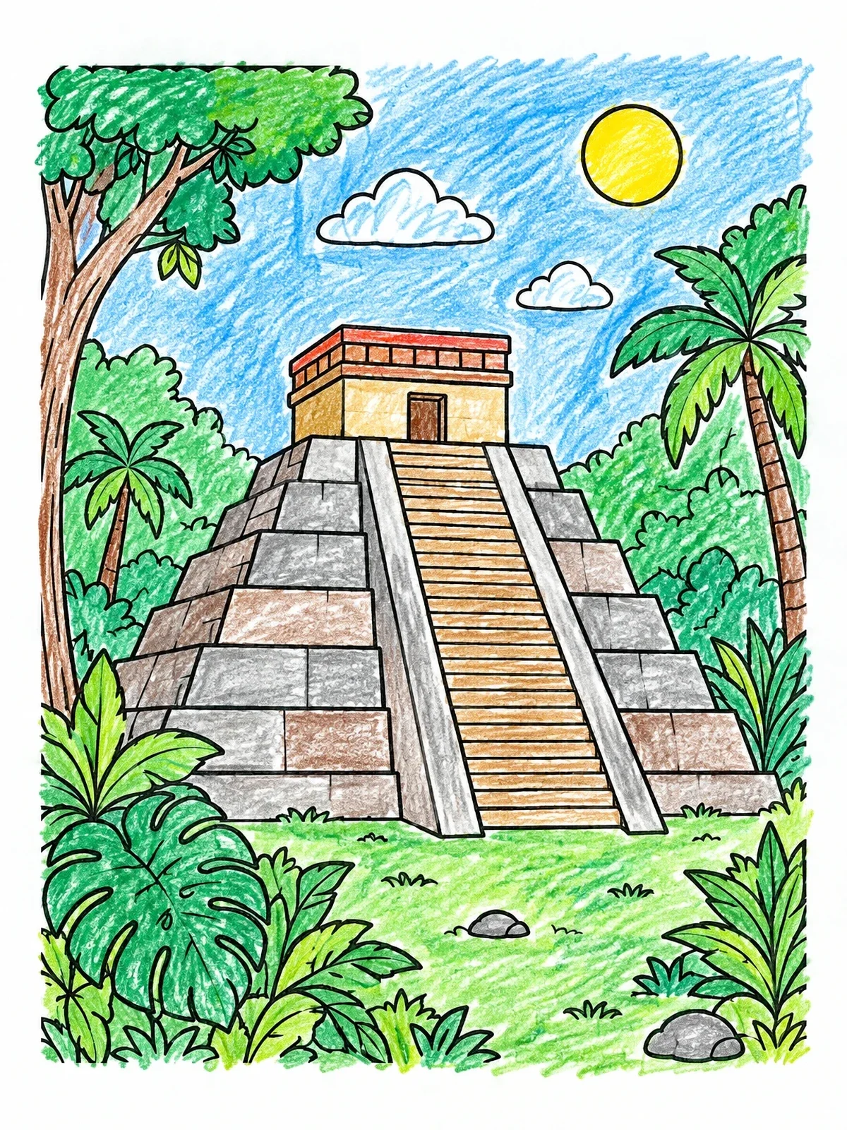 Colored example of the Mayan Temple In The Jungle coloring page
