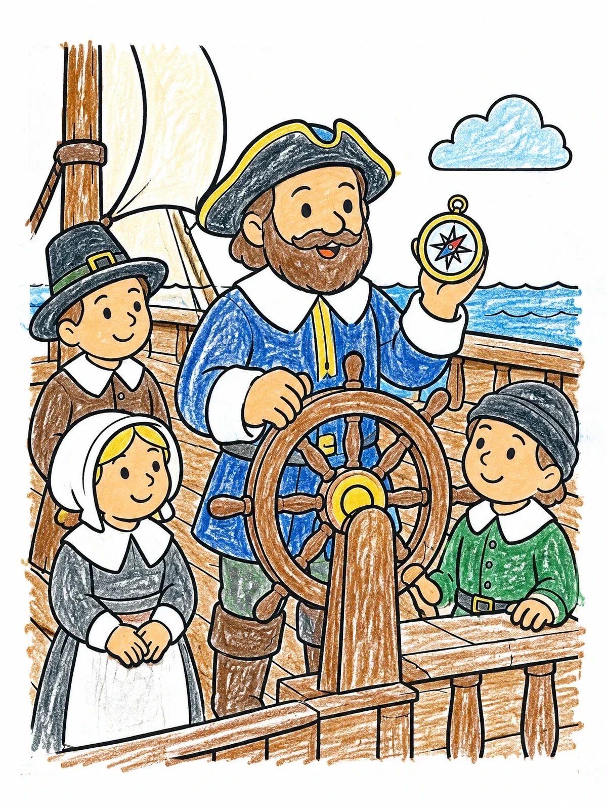 Colored example of the Ship Captain Showing Compass To Children coloring page