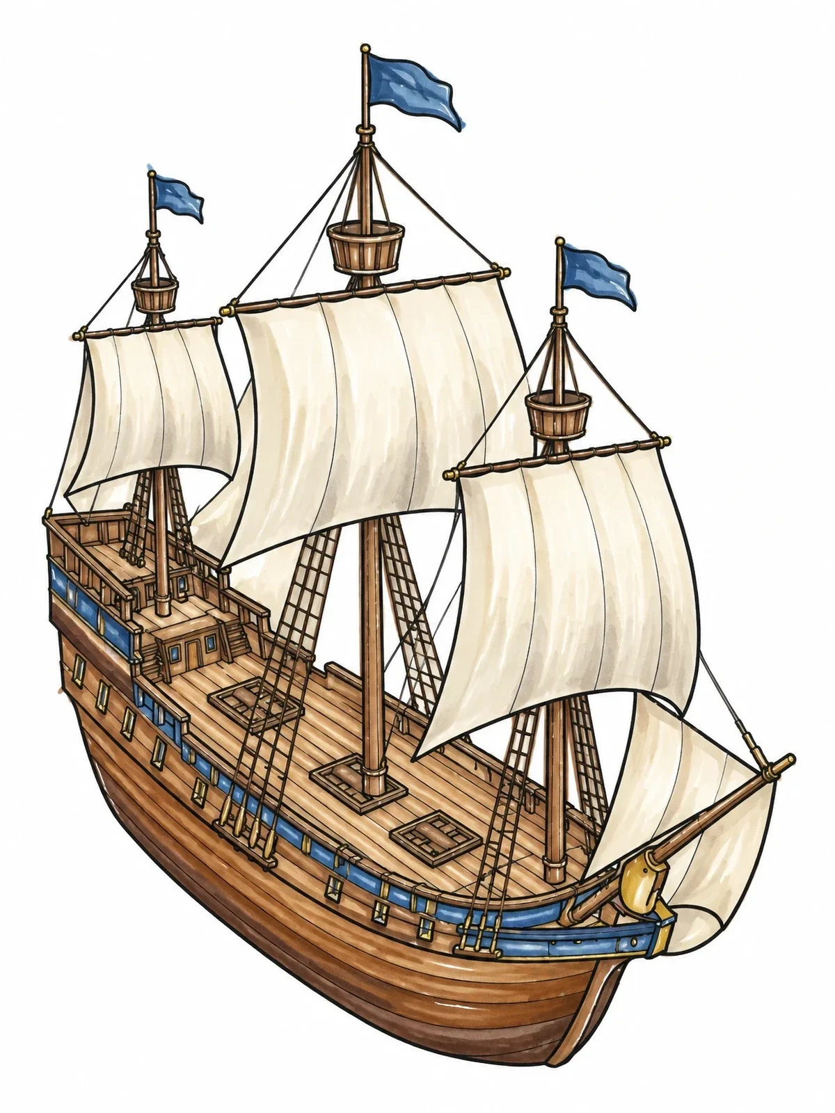 Colored example of the Historic Sailing Ship Aerial Deck View coloring page