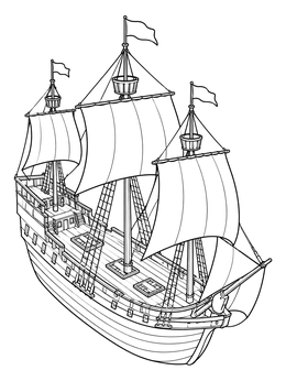 Detailed mayflower coloring page showing an aerial view of a wooden sailing ship deck with sails and masts.