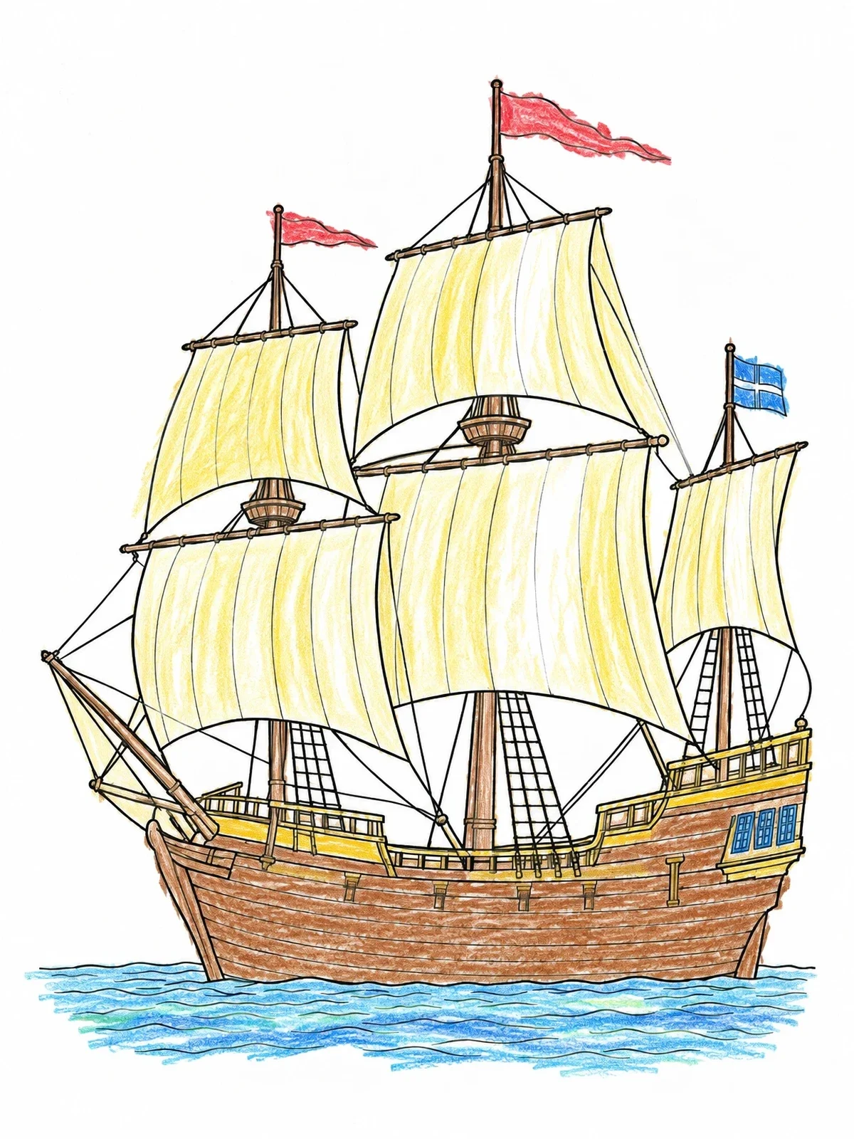 Colored example of the Mayflower Sailing On Calm Waters coloring page