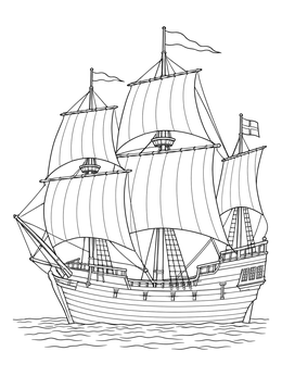 A detailed mayflower coloring page showing the historic ship under full sail on gentle waves.