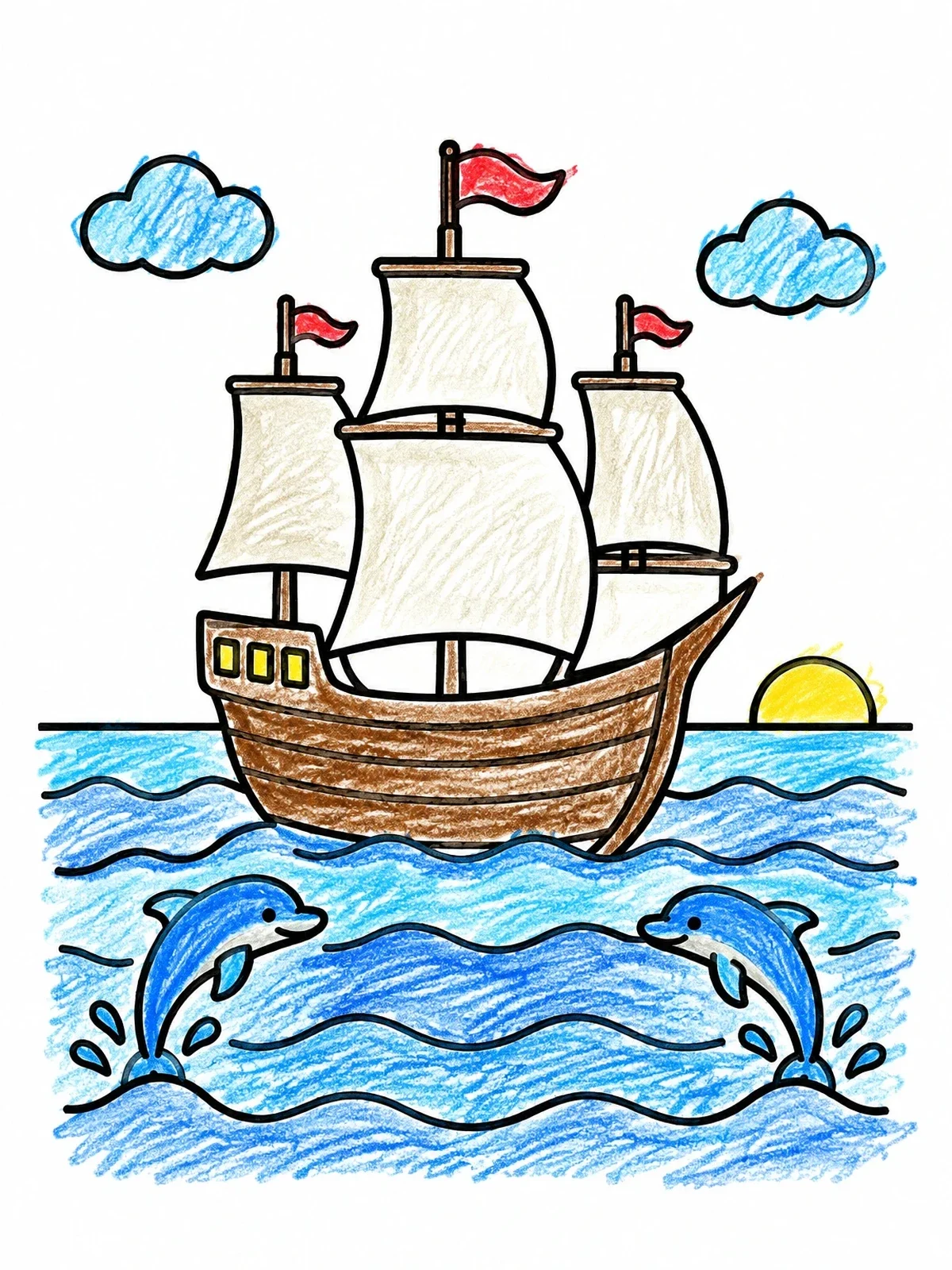 Colored example of the Mayflower Sailing With Friendly Dolphins coloring page