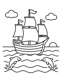 Free printable Mayflower Sailing With Friendly Dolphins coloring page