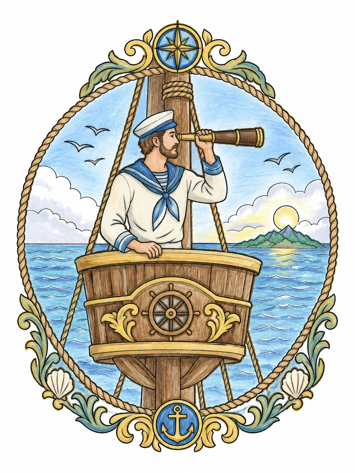 Colored example of the Sailor In Crow's Nest Lookout coloring page