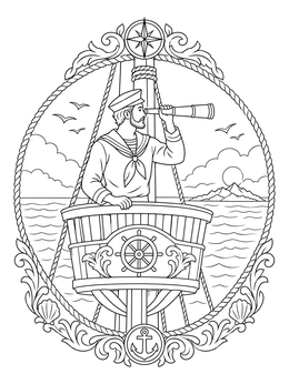 A sailor spotting distant land with a spyglass on this detailed mayflower coloring page.