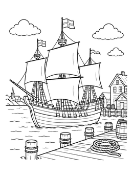 Free printable Mayflower Ship At The Harbor Dock coloring page