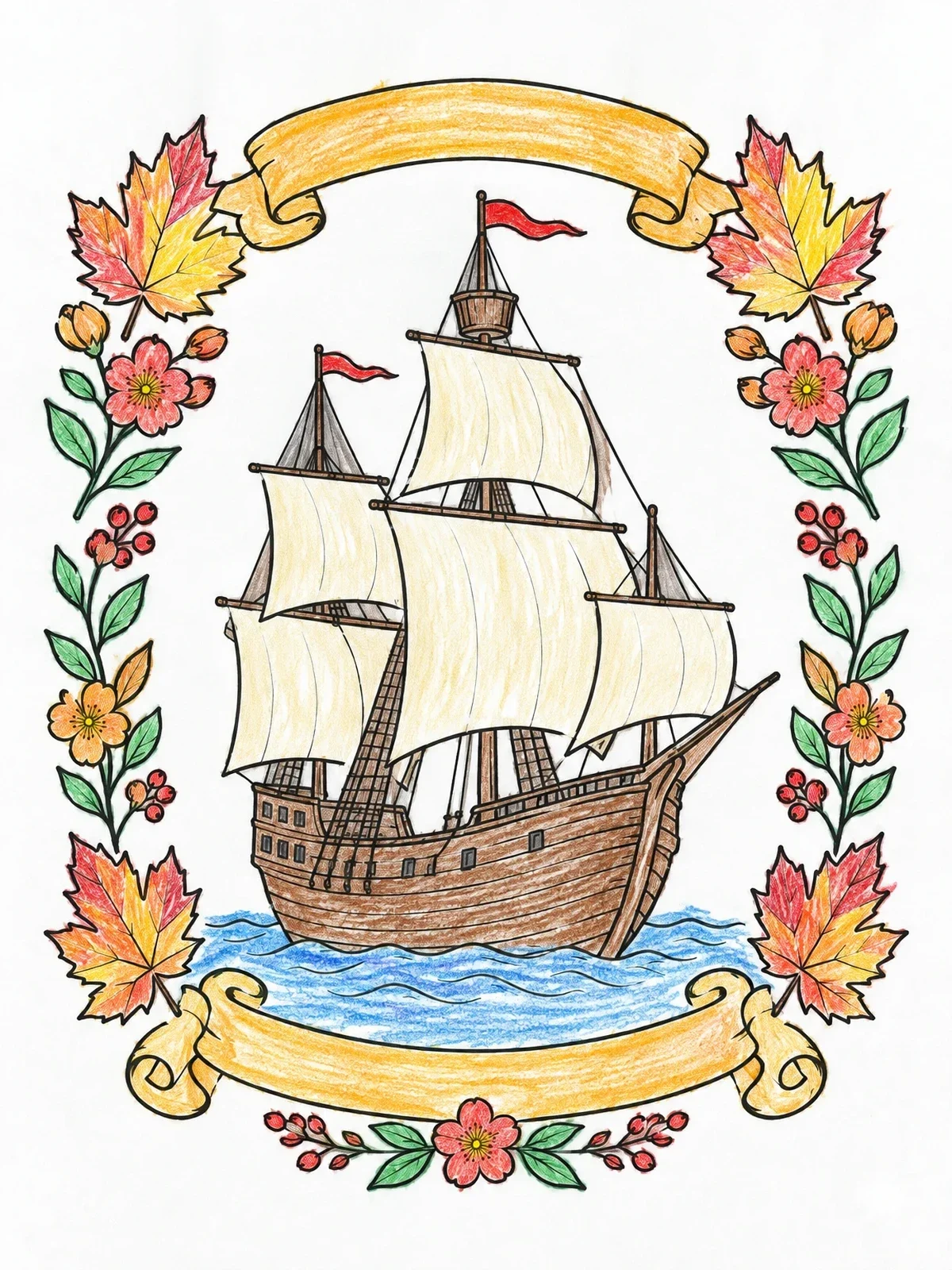 Colored example of the Mayflower Ship With Autumn Leaves Frame coloring page